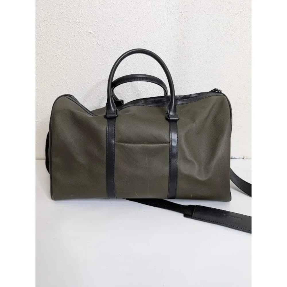 Maverick and C Olive Green Canvas Nylon‎ Strip Duffle Bag Weekend Travel Pockets